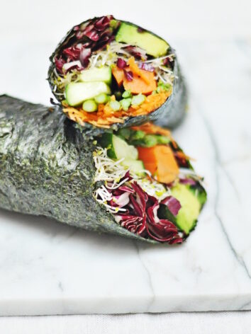 Grain free wrap with a lot of veggies and salads inside.