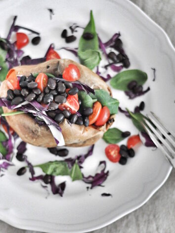 Stuffed Sweet Potato, Black Beans and Tahini Dressing