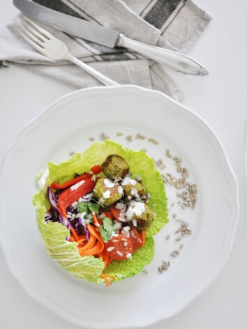 Healthy falafel wrap with savoy cabbage