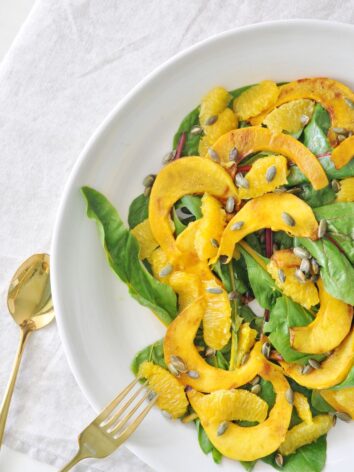 Refreshing Pumpkin Orange Salad with swiss chard and a lovely dressing. So yummy !