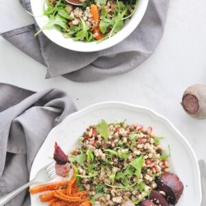 Barley Lentil Salad combined with roasted vegetables.