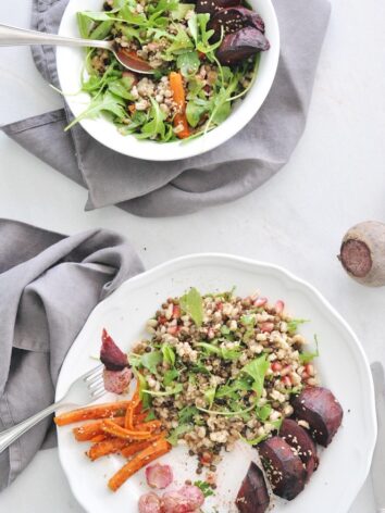 Barley Lentil Salad combined with roasted vegetables.