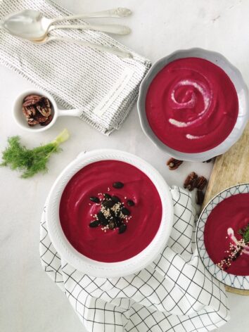 Beet Soup & Pecan Cream - incredible soup with a homemade pecan cream, full of flavors and SOOOO DELICIOUS #beetrootsoup #pecan #vegan #dairyfree //liveandtaste.com