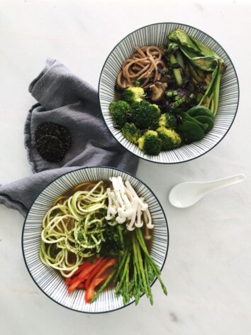 Lovely vegan Ramen soup recipe with homemade buckwheat noodles.