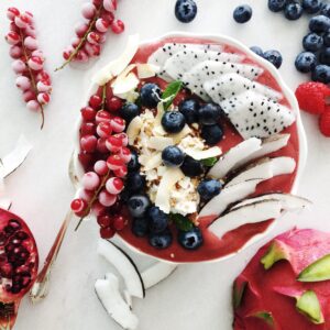 Red Berries Coconut Bowl with frozen Zucchini.