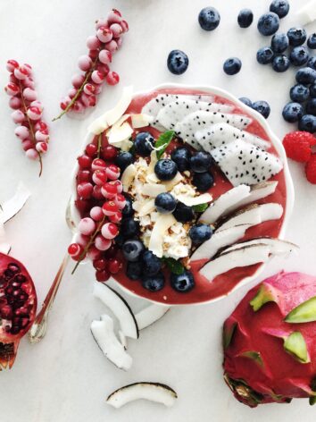 Red Berries Coconut Bowl with frozen Zucchini.