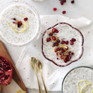 Cute lemon curd chia cream in beautiful delicate pots.