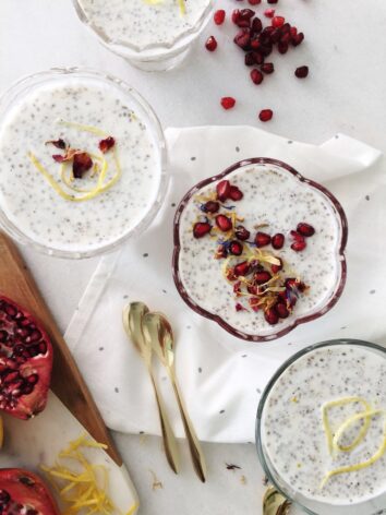 Cute lemon curd chia cream in beautiful delicate pots.