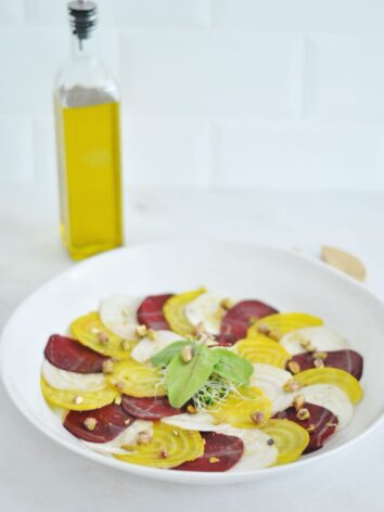 A yellow, red and white beetroot carpaccio