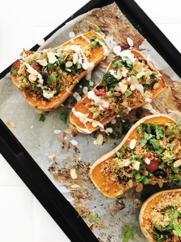 Stuffed Butternut squash with a mediterranean couscous filling. So good!