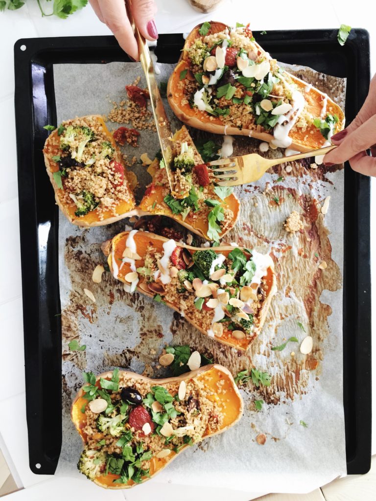 Yum, Yum! Plantbased recipe of a stuffed butternut with a couscous filling.