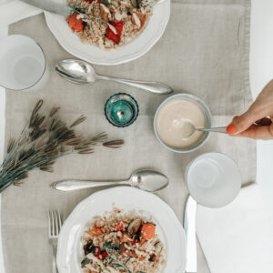 Delicious bulgur salad with roasted vegetables and a tahini dressing