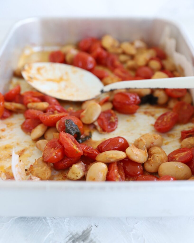 Oven baked butter beans with baby tomatoes