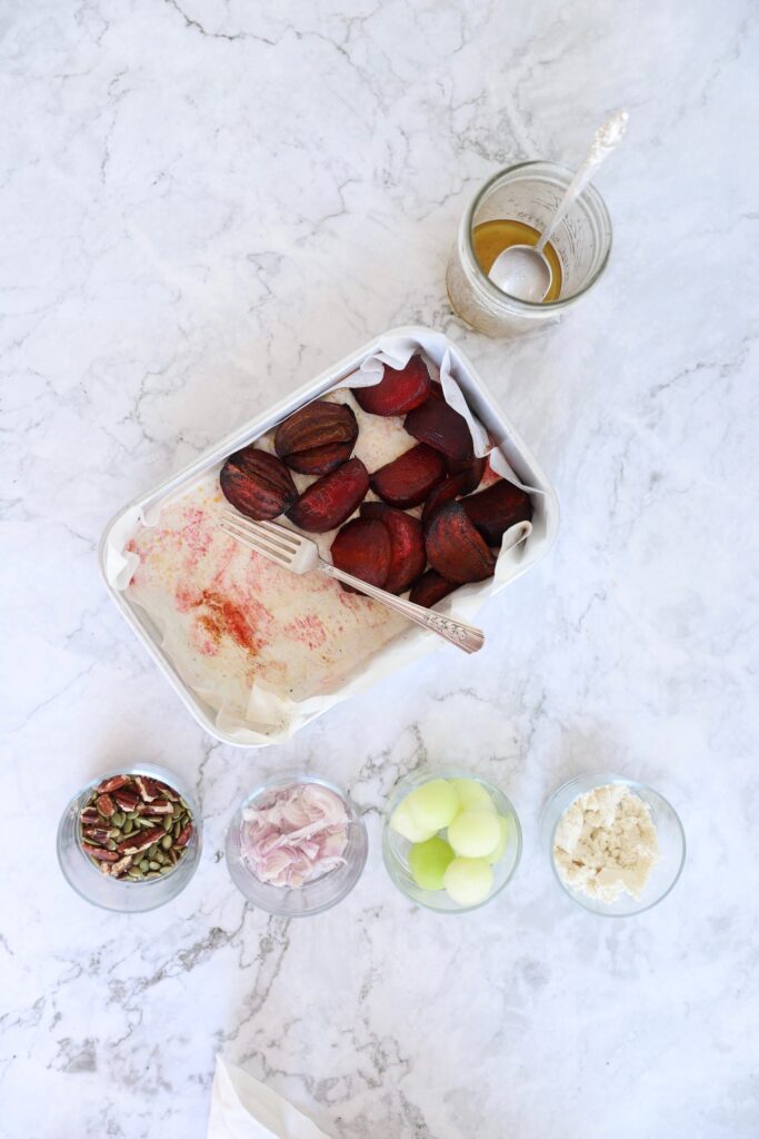 Summer Salad with honeydew, beetroot, feta ingredients