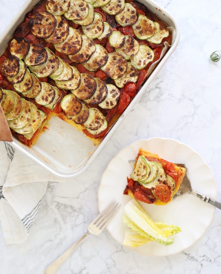 Vegan baked polenta with tomato compote and roasted zucchini