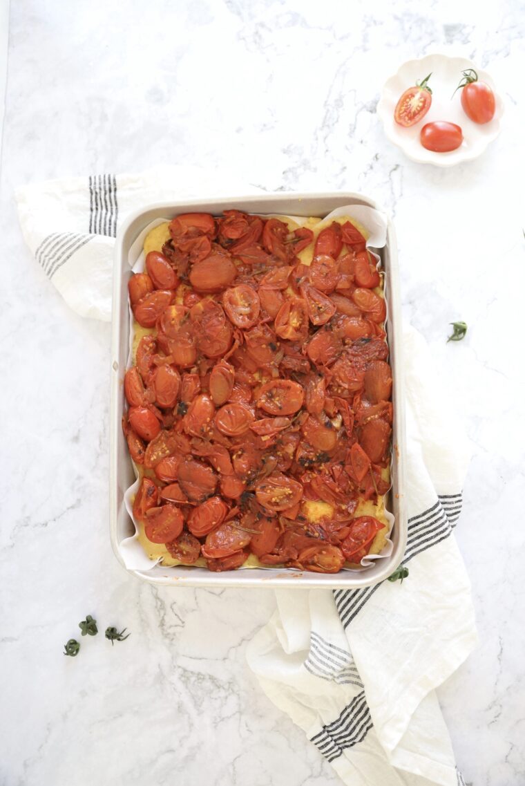 Vegan baked polenta with tomato compote and roasted zucchini